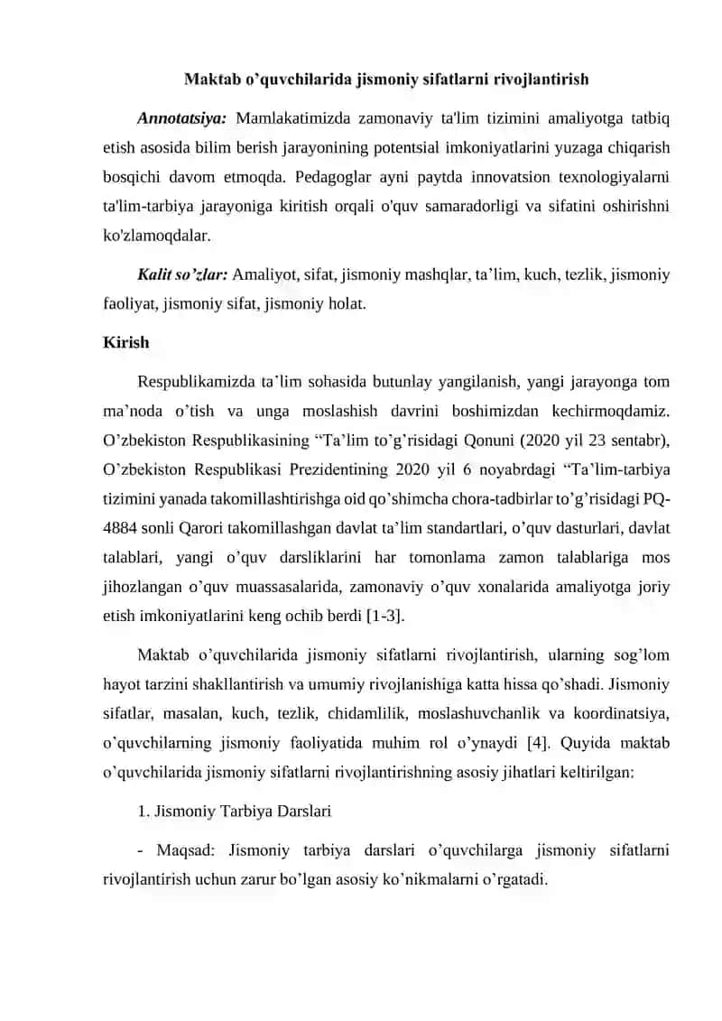 Maktab o’quvchilarida jismoniy sifatlarni rivojlantirish