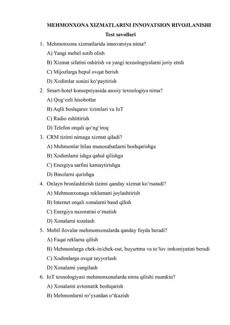 MEHMONXONA XIZMATLARINI INNOVATSION RIVOJLANISHI