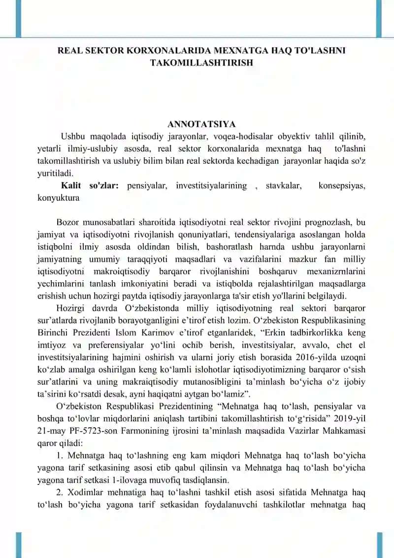 REAL SEKTOR KORXONALARIDA MEXNATGA HAQ TO'LASHNI TAKOMILLASHTIRISH