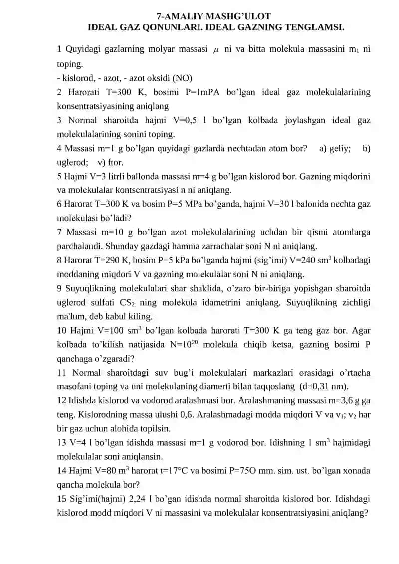 IDEAL GAZ QONUNLARI. IDEAL GAZNING TENGLAMSI.
