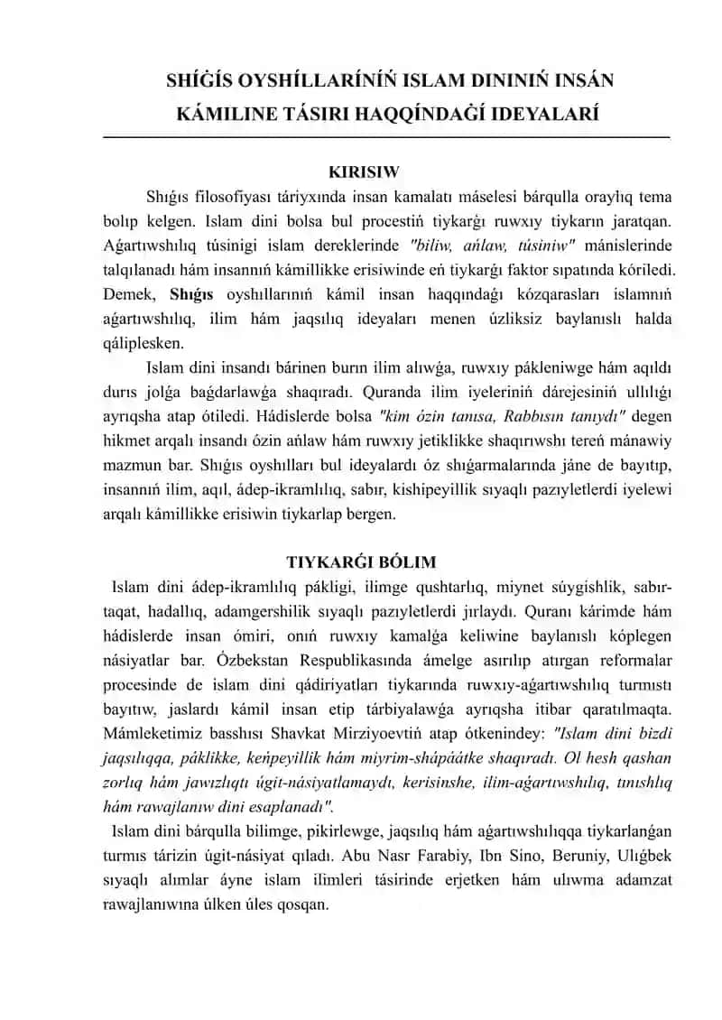 SHÍĠÍS OYSHÍLLARÍNÍŃ ISLAM DININIŃ INSÁN KÁMILINE TÁSIRI HAQQÍNDAĠÍ IDEY ALARÍ esse