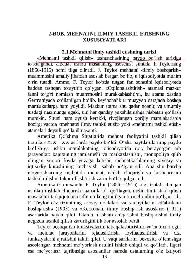 BOB. MEHNATNI ILMIY TASHKIL ETISHNING XUSUSIYATLARI
