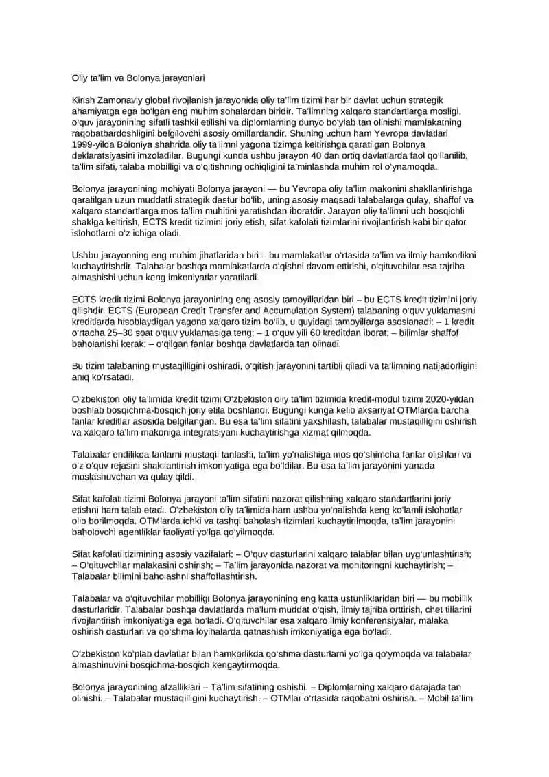 Oliy ta'lim va boloniya jarayonlari esse