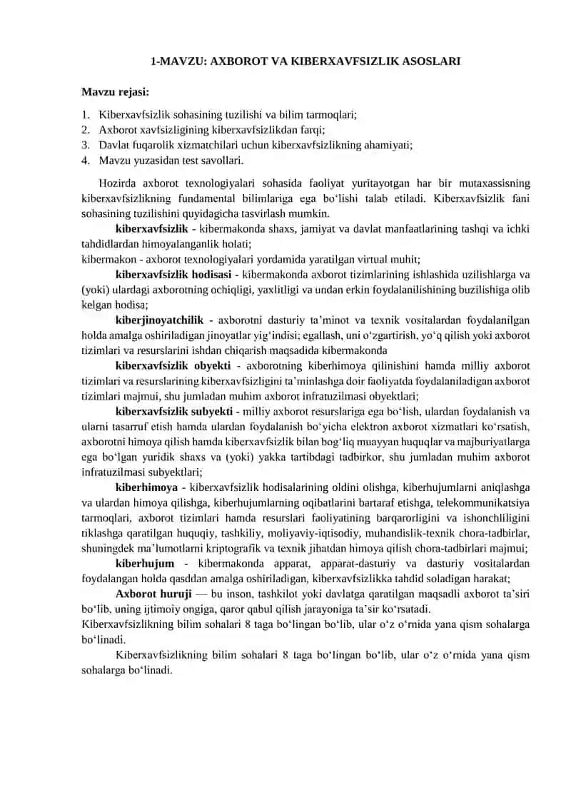 AXBOROT VA KIBERXAVFSIZLIK ASOSLARI
