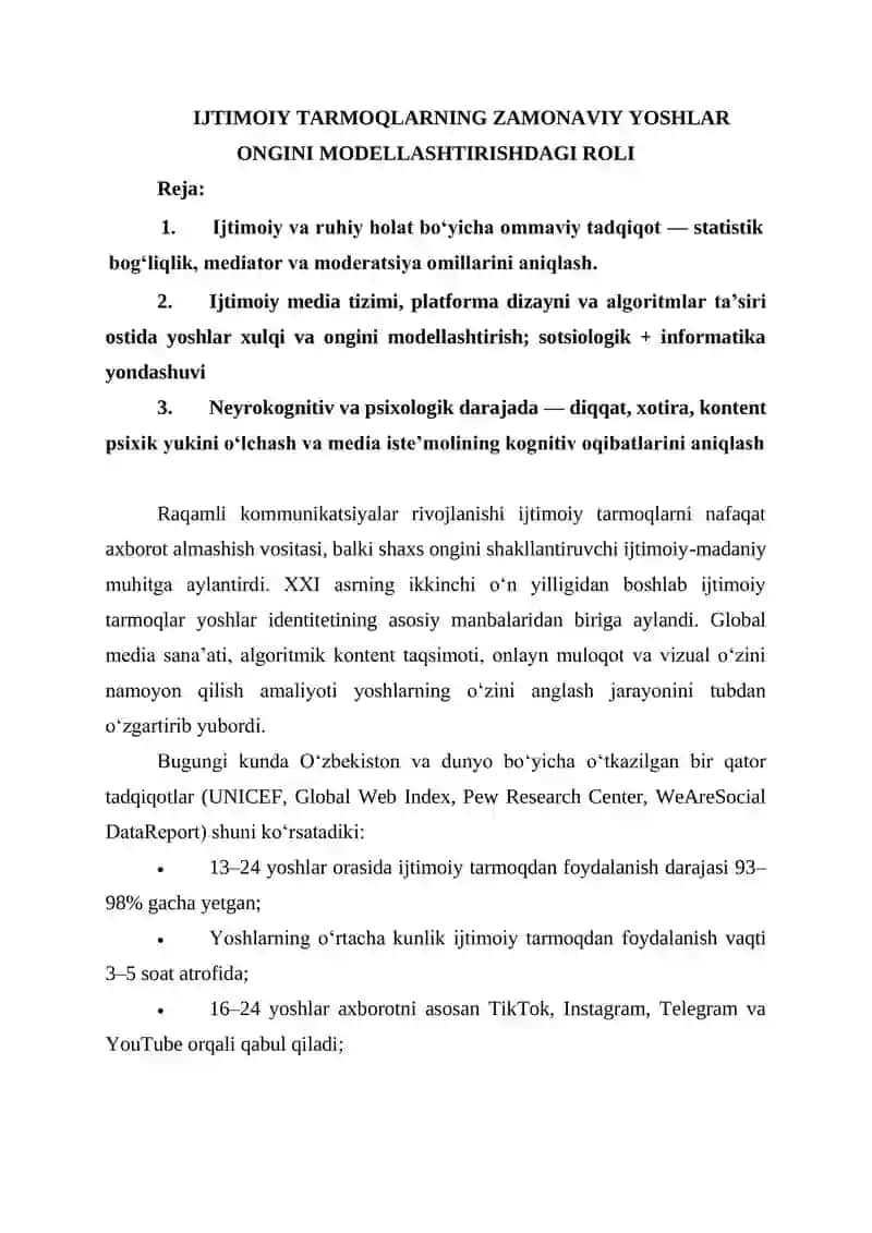 IJTIMOIY TARMOQLARNING ZAMONAVIY YOSHLAR ONGINI MODELLASHTIRISHDAGI ROLI