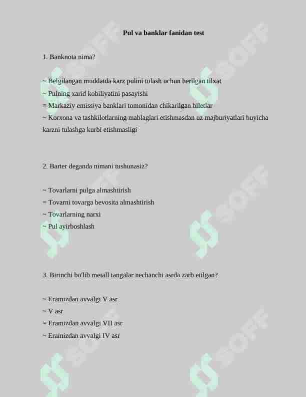 pul va banklar fanidan 100 talik test javoblari bilan