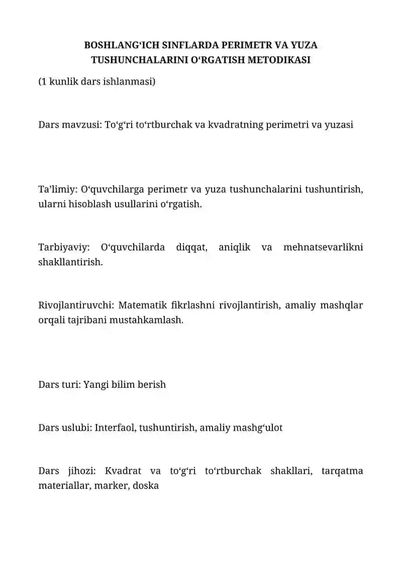 To‘g‘ri to‘rtburchak va kvadratning perimetri va yuzasi DARS ISHLANMA