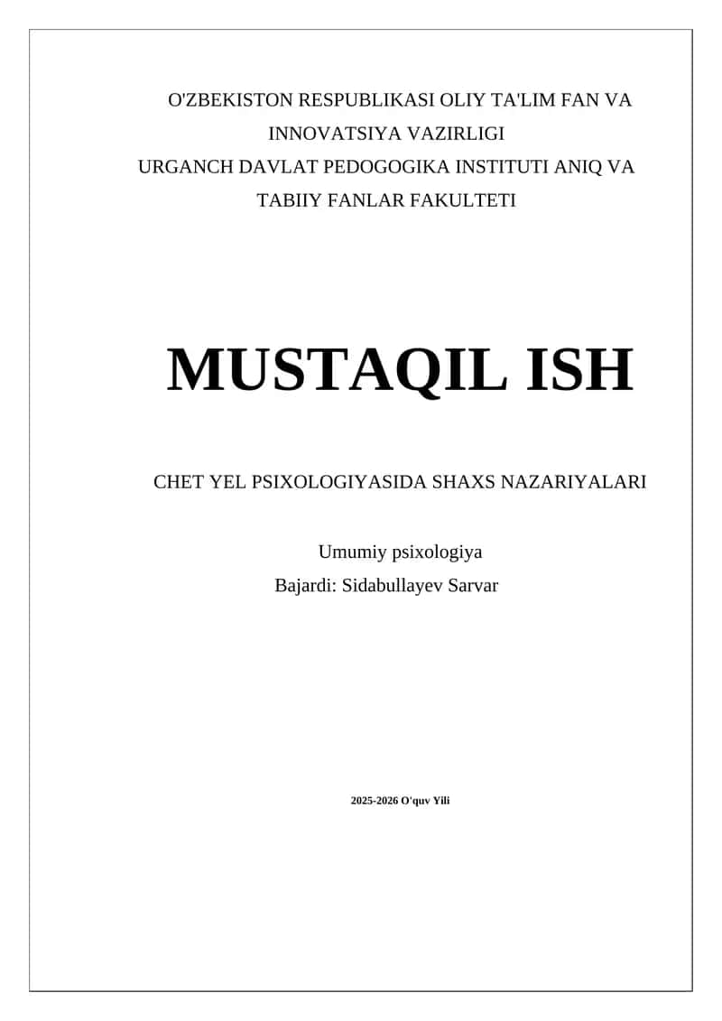 Chet Yel Psixologiyasida Shaxs Nazariyalari