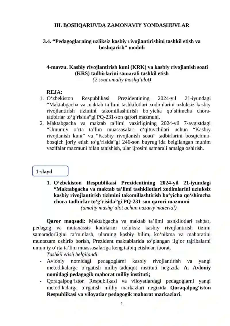 Kasbiy rivojlantirish kuni (KRK) va kasbiy rivojlanish soati (KRS) tadbirlarini samarali tashkil etish