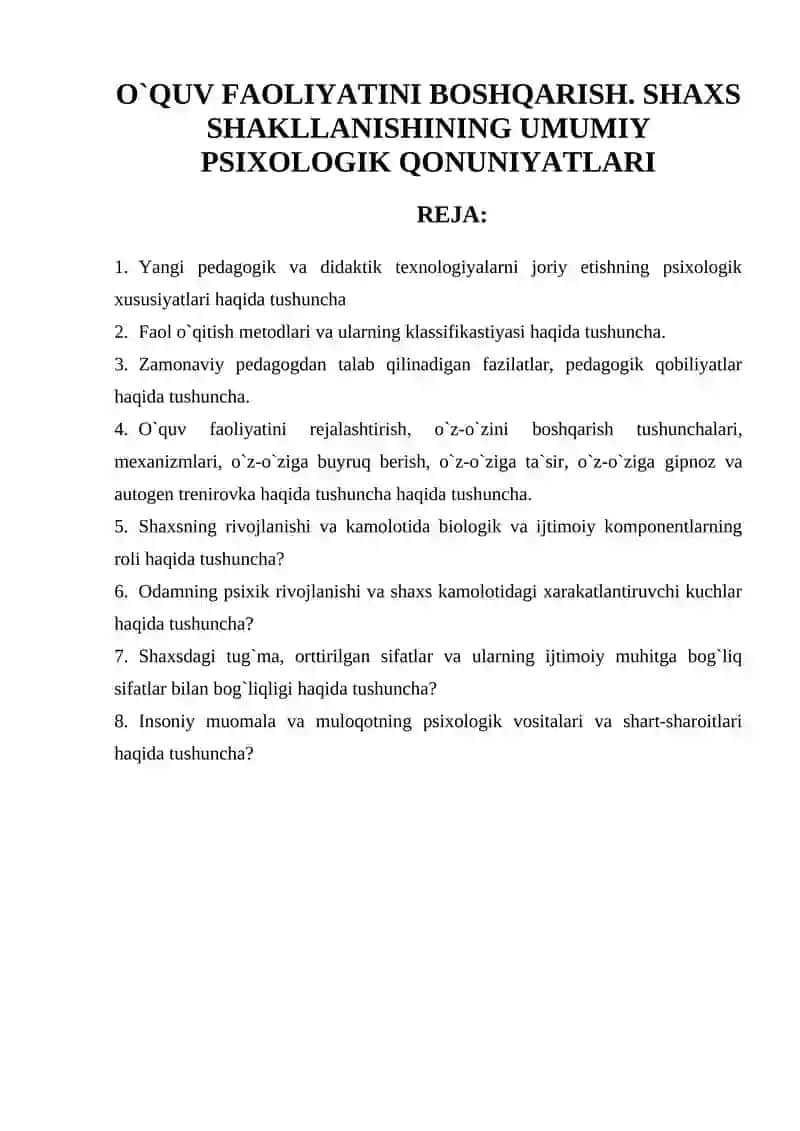 Shaxs Shakllanishining Umumiy Psixologik Qonuniyatlari
