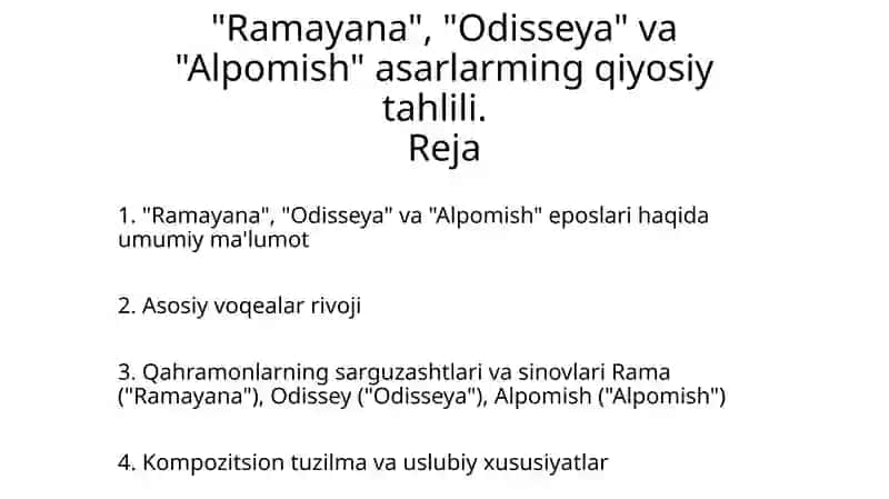 "Ramayana", "Odisseya" va "Alpomish"ning qiyosiy tahlili