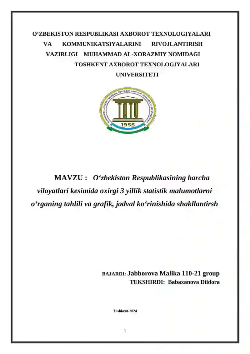 O‘zbekiston Respublikasi barcha viloyatlarining statistik malumoti
