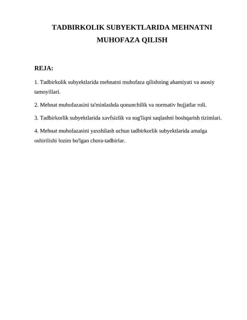 Tadbirkolik Subyektlarida Mehnatni Muhofaza Qilish