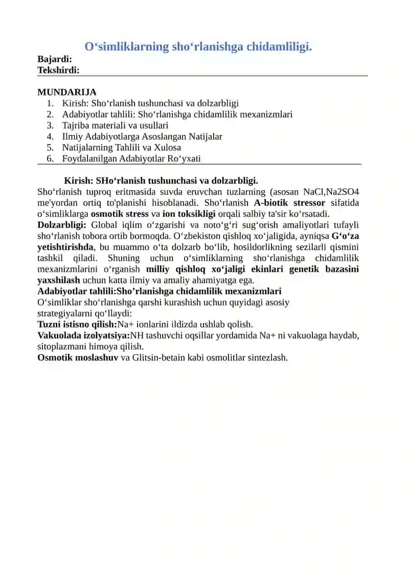 Oʻsimliklarning shoʻrlanishga chidamliligi.