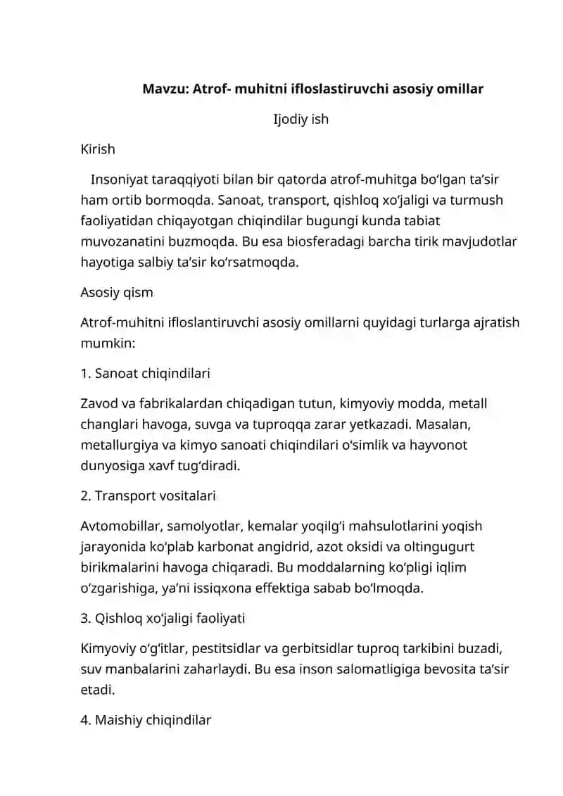 Atrof-Muhitni Ifloslastiruvchi Asosiy Omillar
