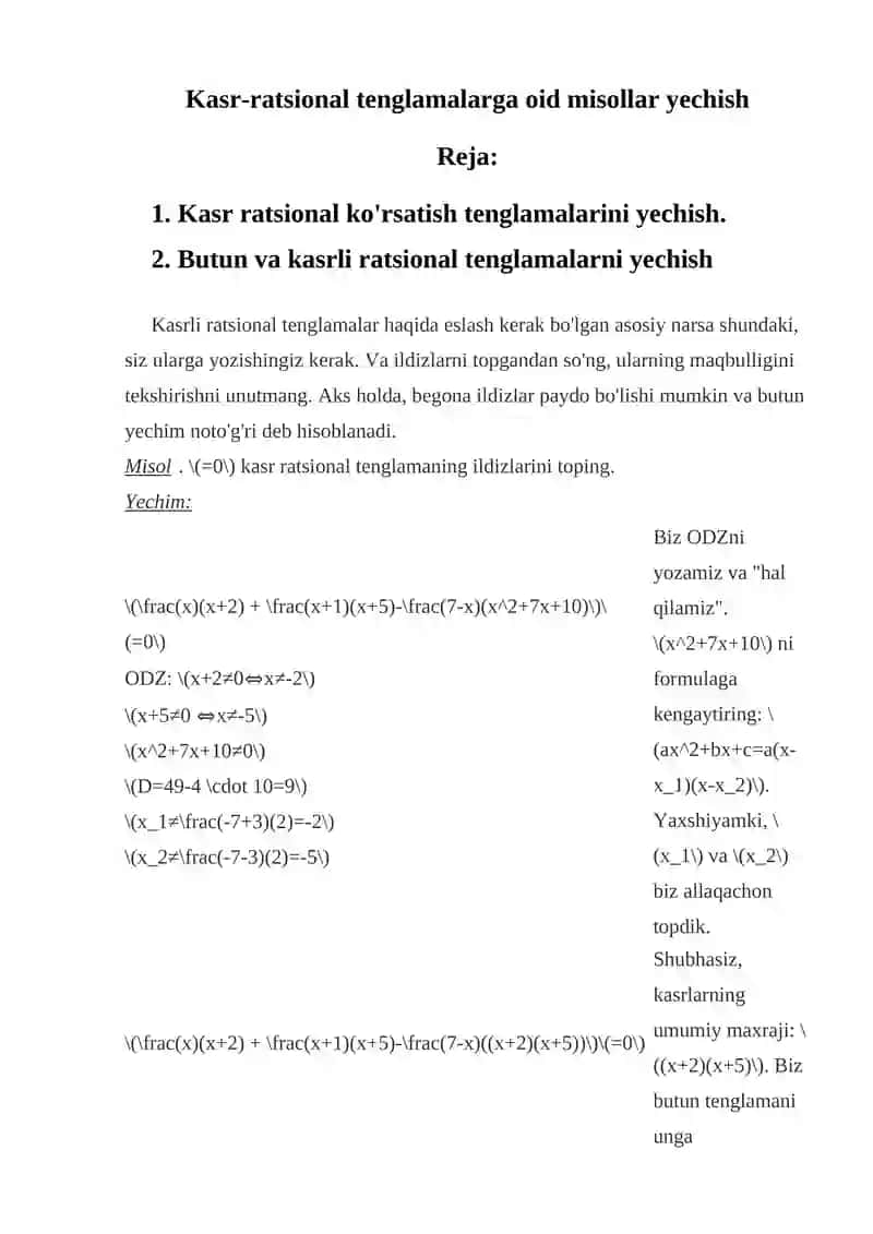 Kasr-ratsional tenglamalarga oid misollar yechish