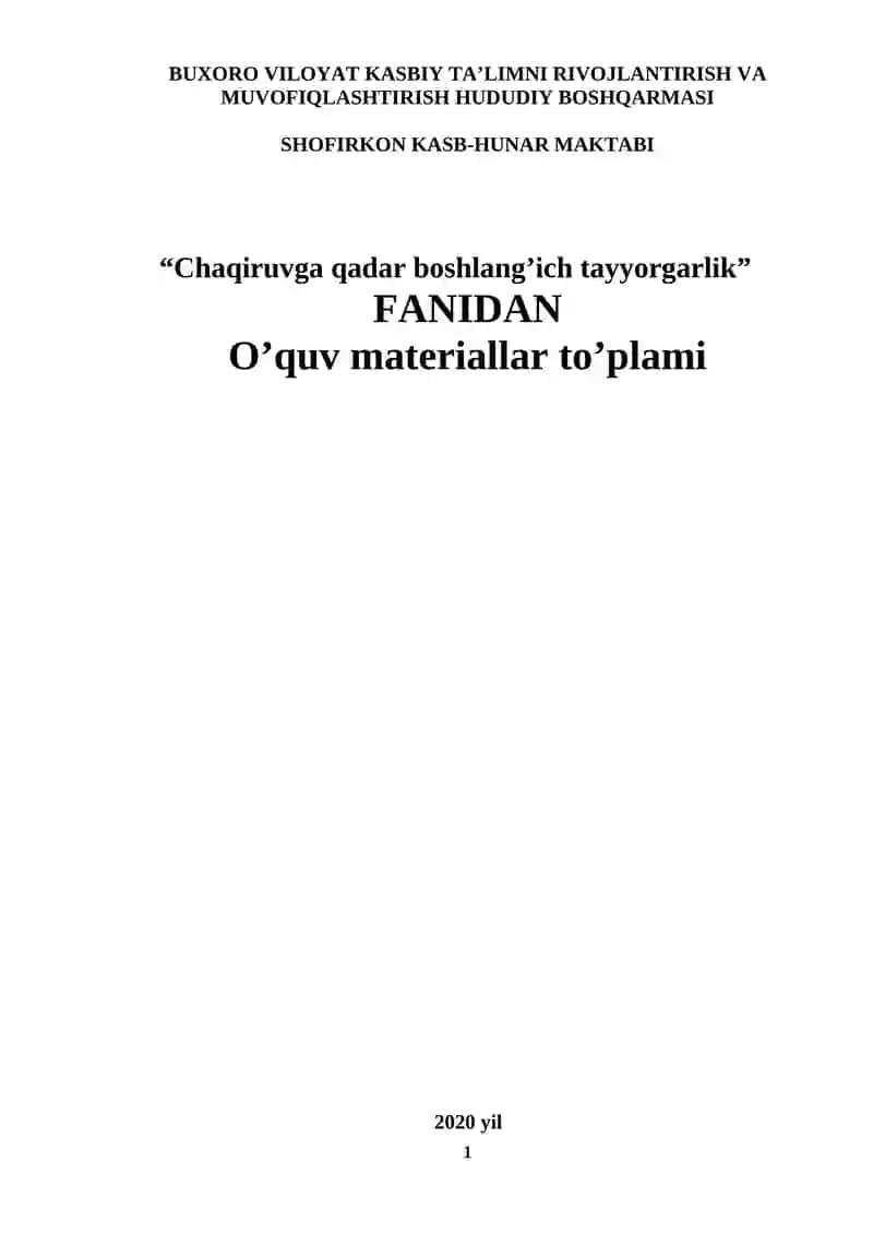 Chaqiruvga qadar boshlang’ich tayyorgarlik Fanidan O’quv materiallar to’plami 2020 yil