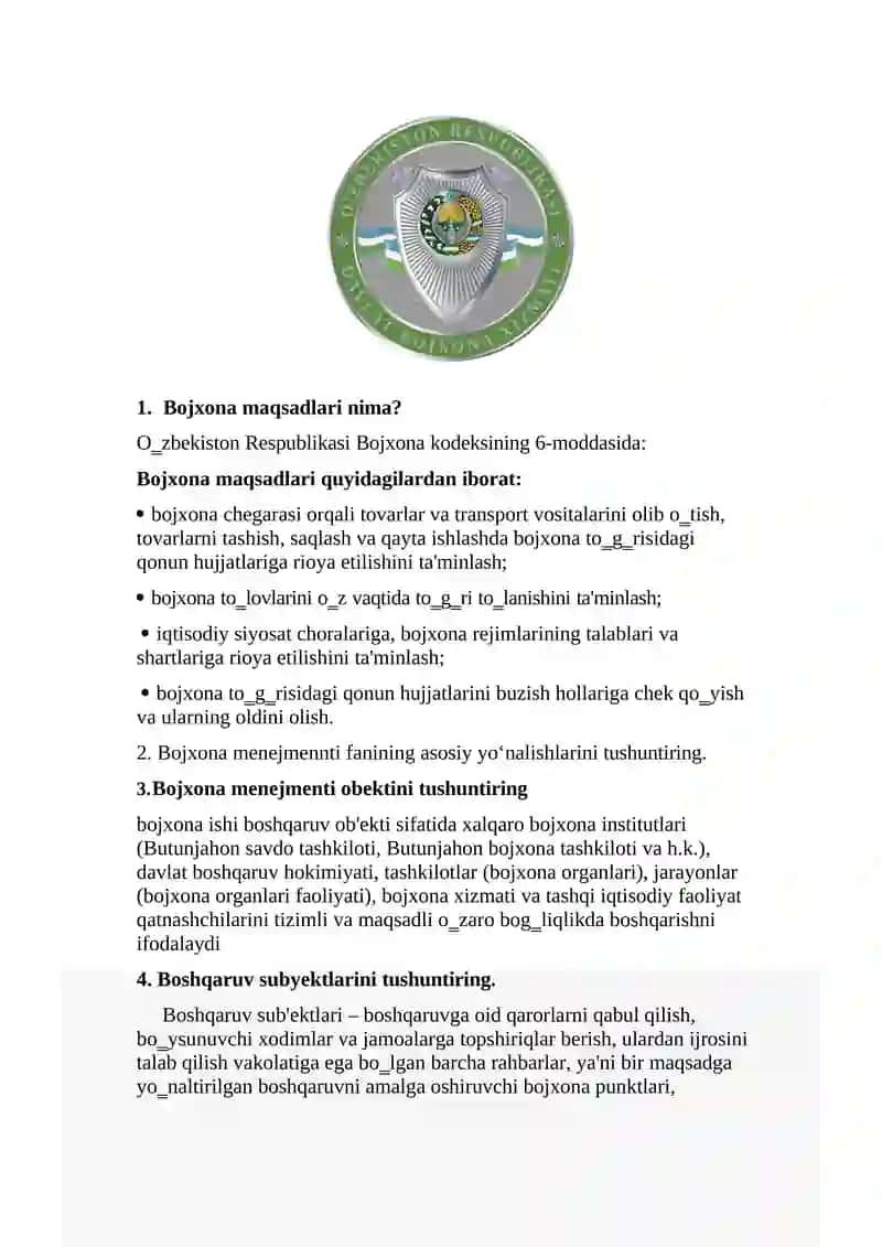Bojxona qo'mitasiga ishga kirish uchun savol javoblar toplami