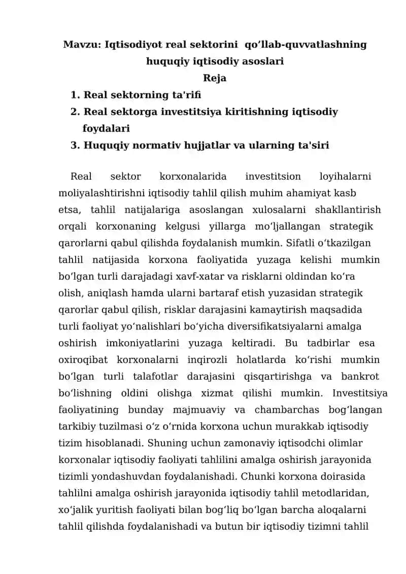 Iqtisodiyot real sektorini qo’llab-quvvatlashning huquqiy iqtisodiy asoslari