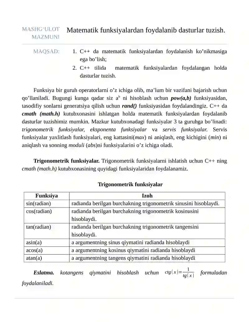 Matematik funksiyalardan foydalanib dasturlar tuzish.