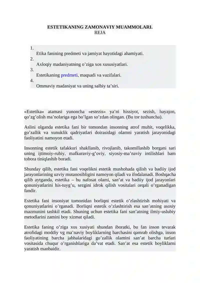 ESTETIKANING ZAMONAVIY MUAMMOLARI