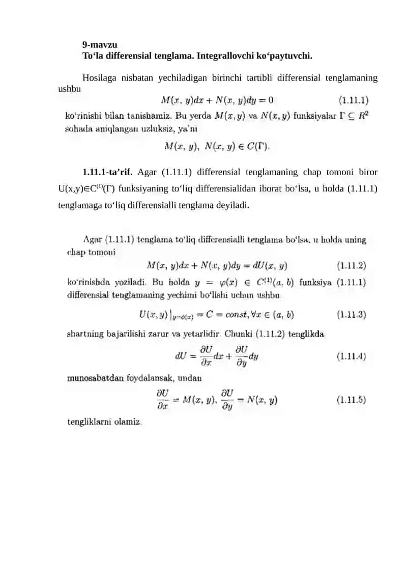 Toʻla differensial tenglama. Integrallovchi koʻpaytuvchi.