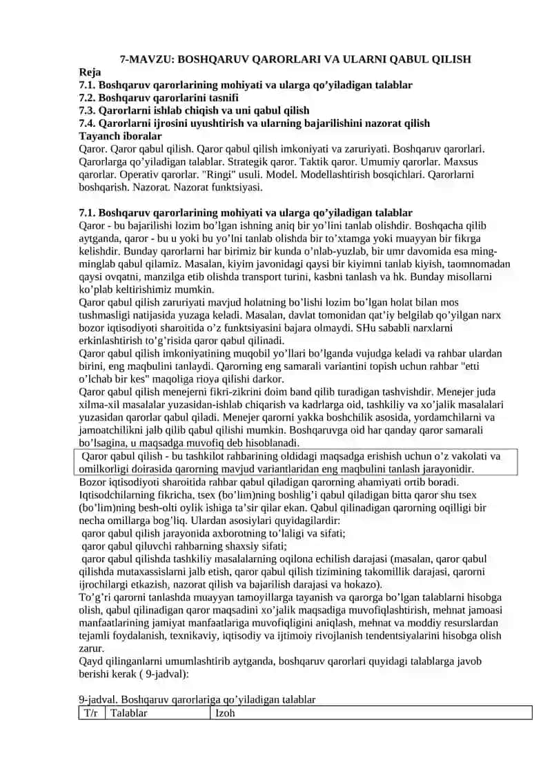 Boshqaruv Qarorlari va Ularni Qabul Qilish