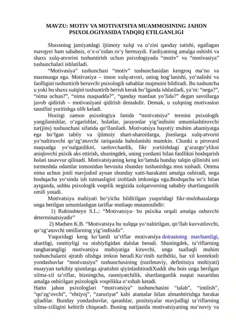 MOTIV VA MOTIVATSIYA MUAMMOSINING JAHON PSIXOLOGIYASIDA TADQIQ ETILGANLIGI