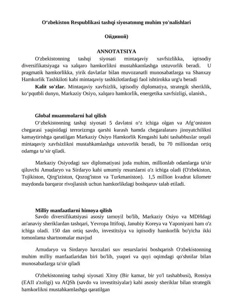 Oʻzbekiston Respublikasi tashqi siyosatınıng muhim yo'nalishlari