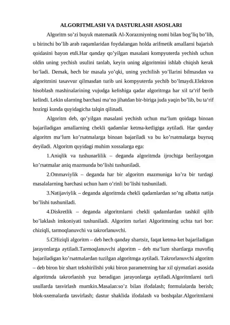 ALGORITMLASH VA DASTURLASH ASOSLARI