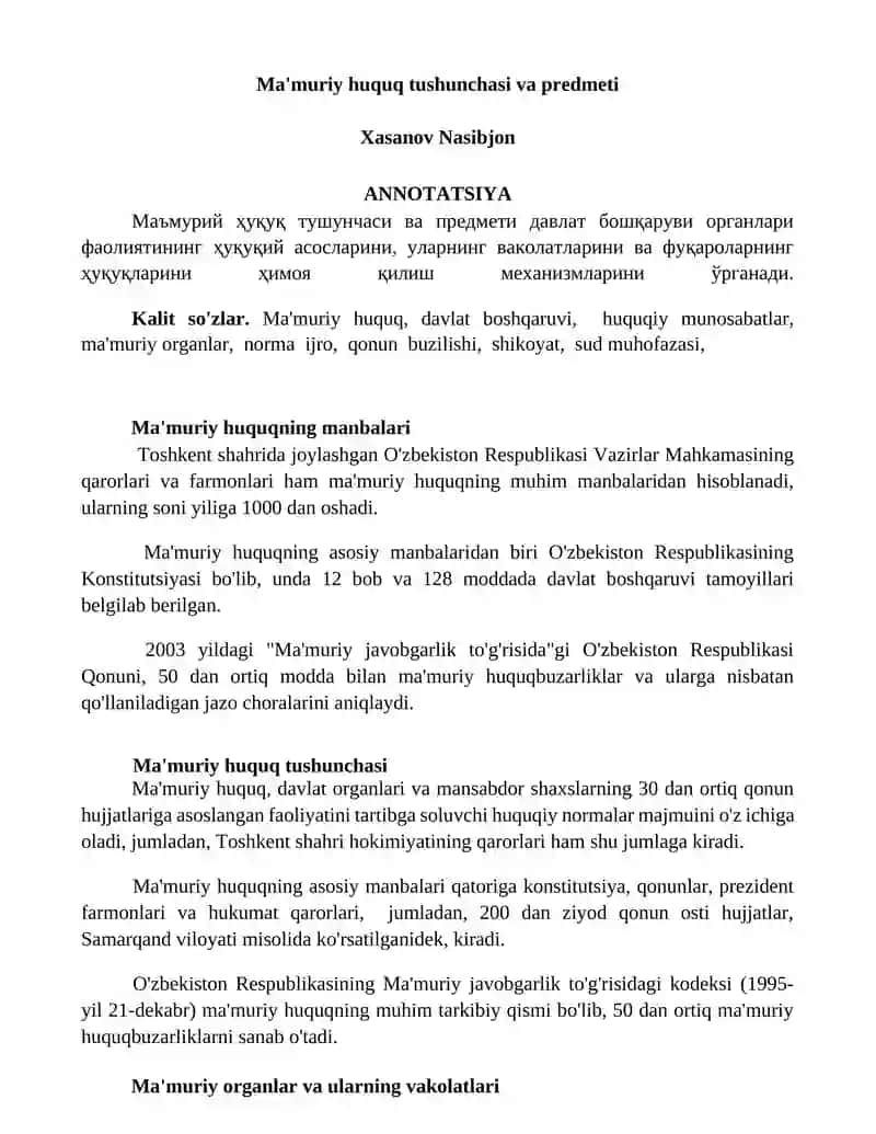 Ma'muriy huquq tushunchasi va predmeti