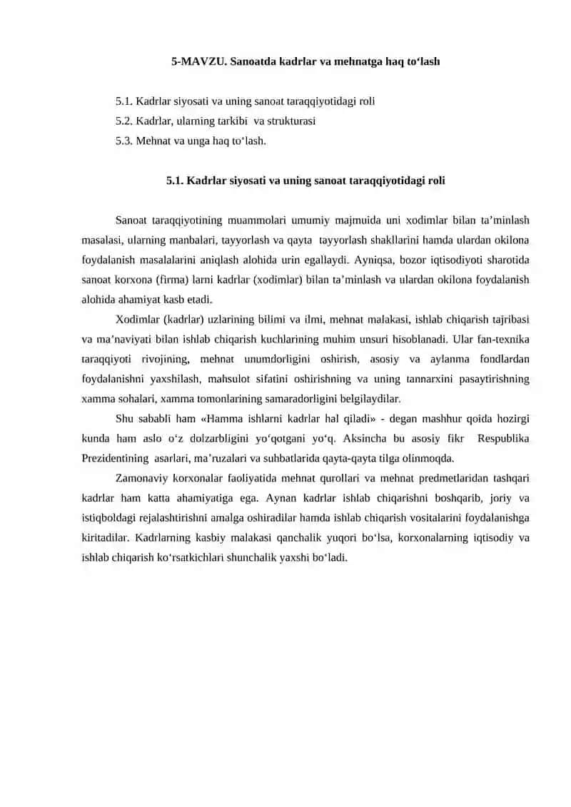 Sanoatda kadrlar va mehnatga haq to‘lash