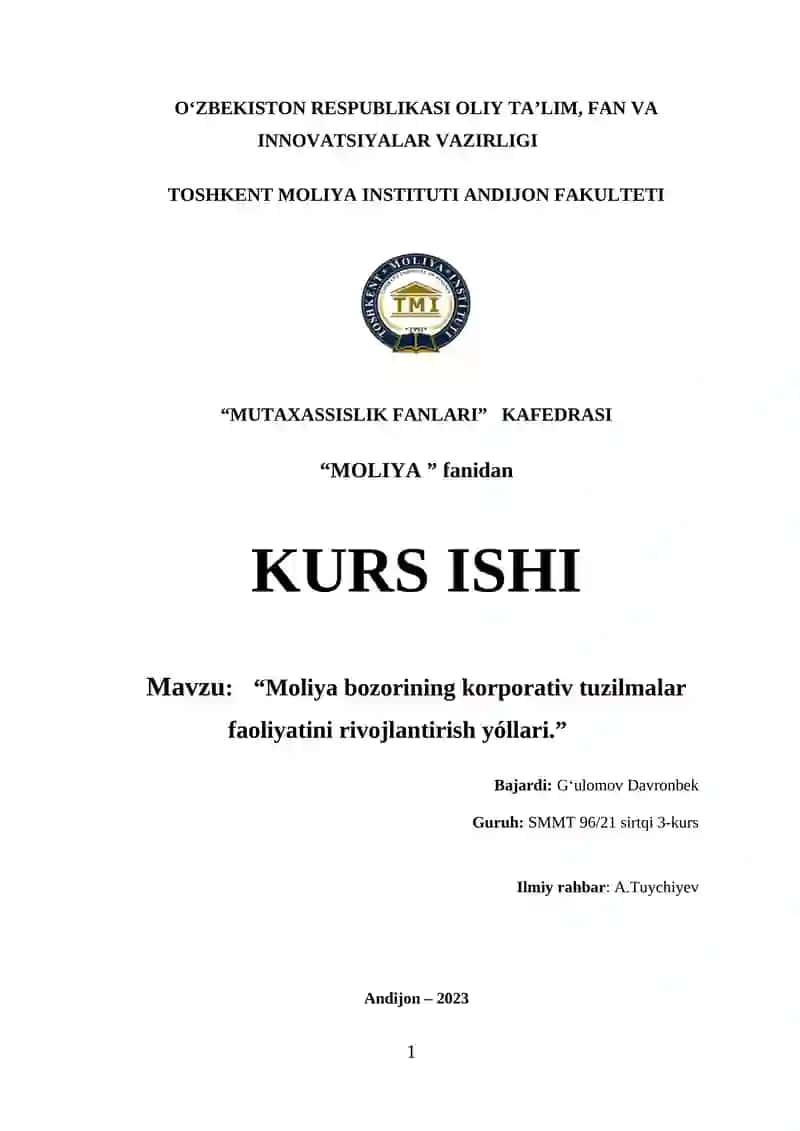 Moliya bozorining korporativ tuzilmalar faoliyatini rivojlantirish yóllari