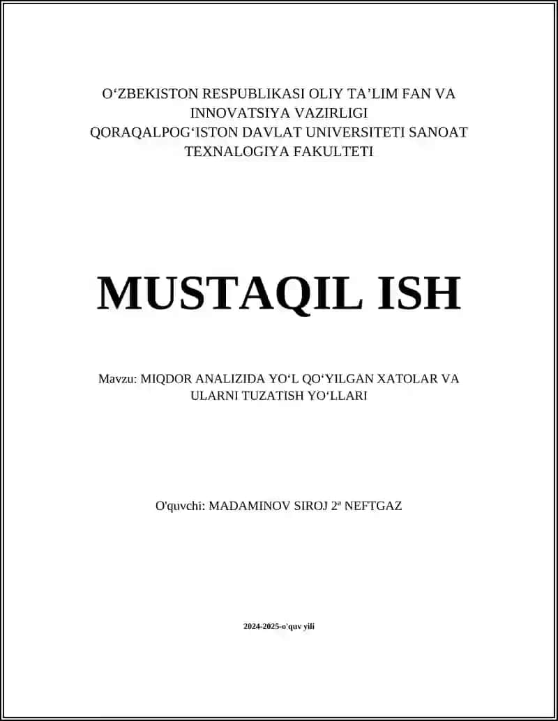 MIQDOR ANALIZIDA YO‘L QOʻYILGAN XATOLAR VA ULARNI TUZATISH YOʻLLARI