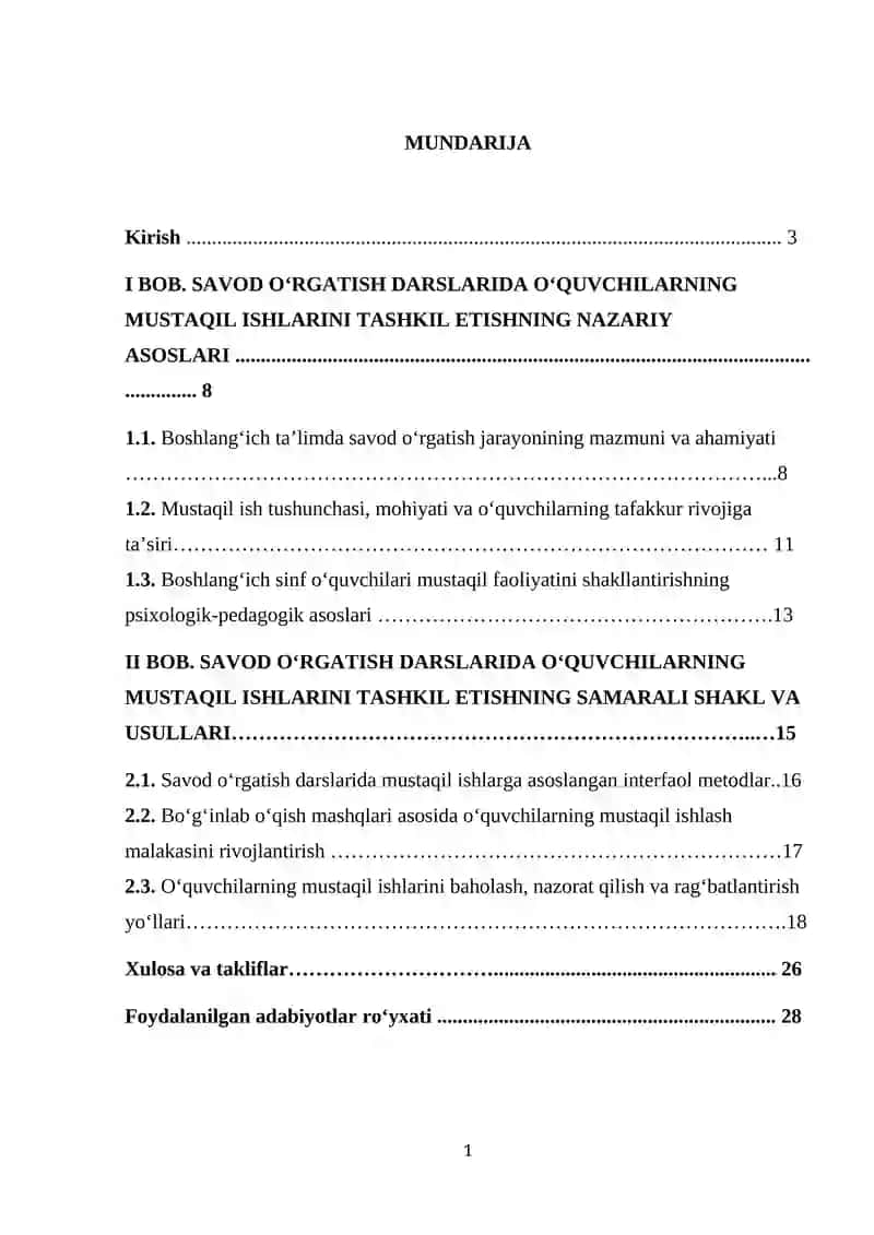 SAVOD O‘RGATISH DARSLARIDA O‘QUVCHILARNING MUSTAQIL ISHLARINI TASHKIL ETISH