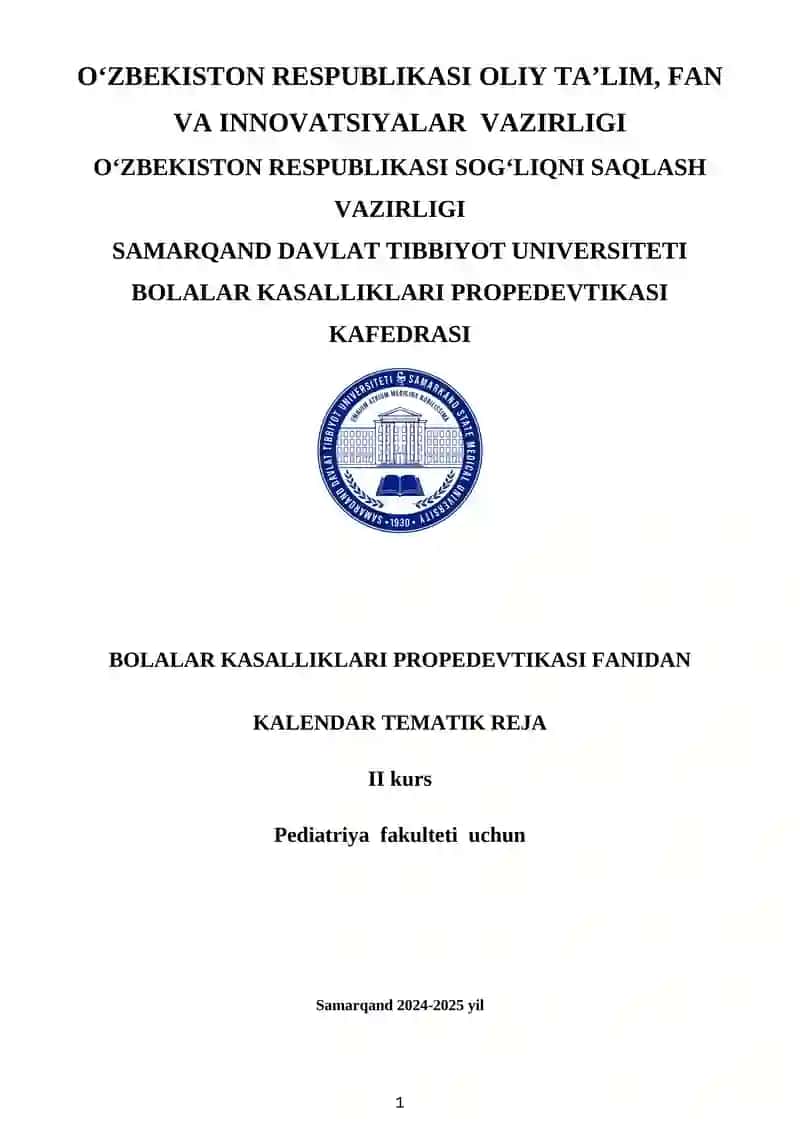 Bolalar kasalliklari propedevtikasi kalendar tematik reja