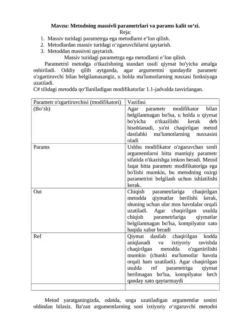 Metodning massivli parametrlari va params kalit so‘zi