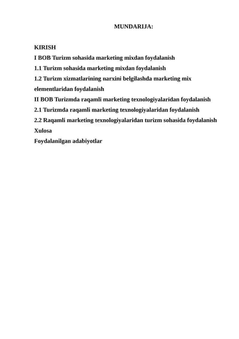 Turizm sohasida marketing mixdan foydalanish