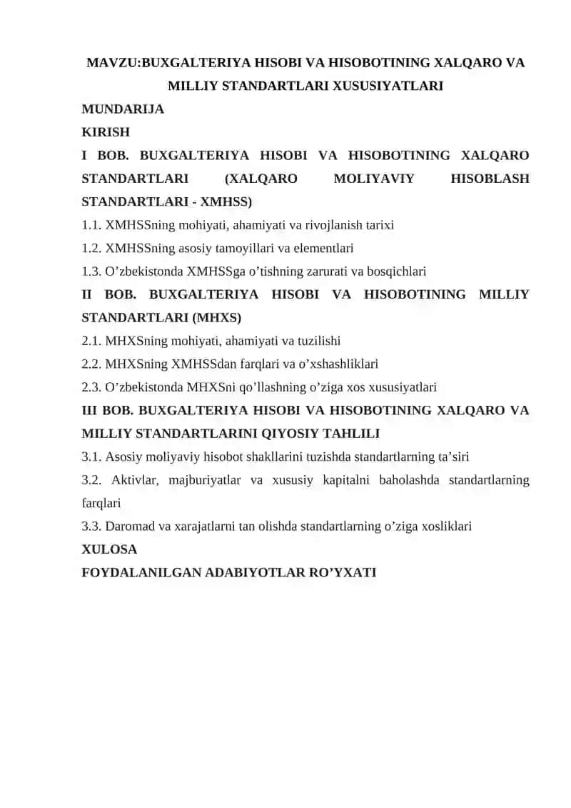 Buxgalteriya hisobi va hisobotining xalqaro va milliy standartlari xususiyatlari