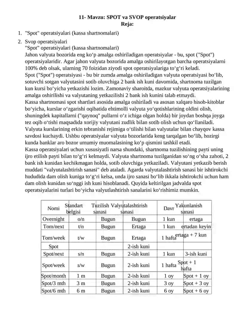 SPOT va SVOP operatsiyalar