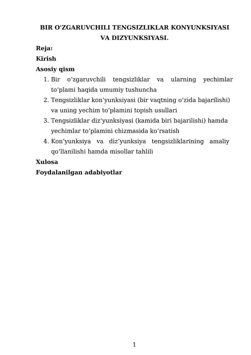 Bir O'zgaruvchili Tengsizliklar Konyunksiyasi va Dizyunksiyasi