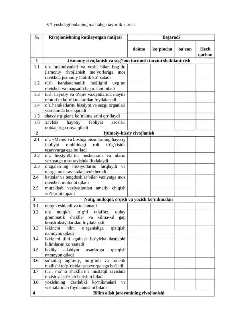 6-7 yoshdagi bolaning maktabga tayorlik kartasi