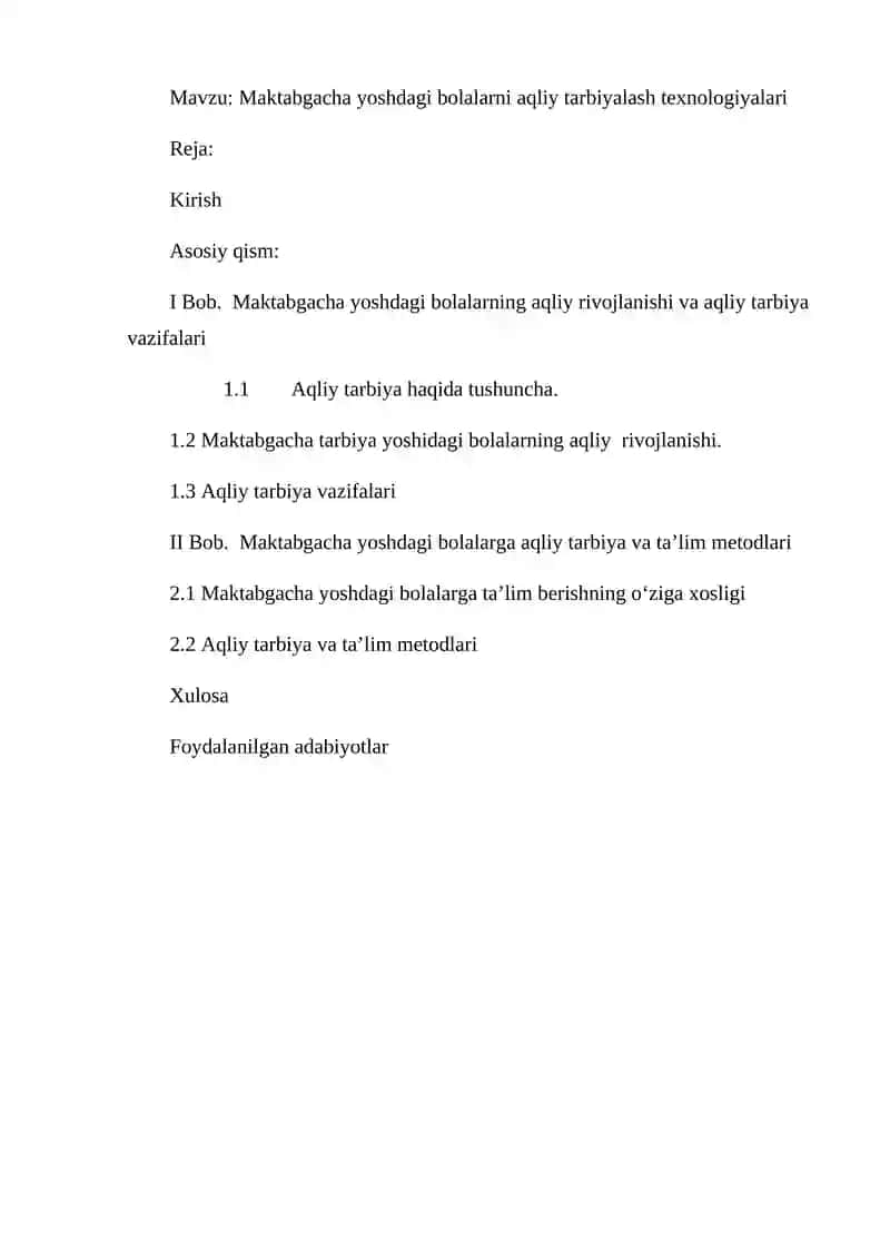 Maktabgacha yoshdagi bolalarni aqliy tarbiyalash texnologiyalari