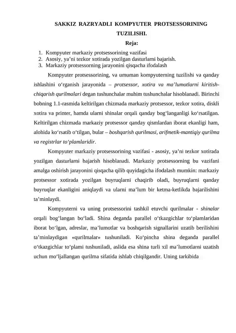 SAKKIZ RAZRYADLI KOMPYUTER PROTSESSORINING TUZILISHI