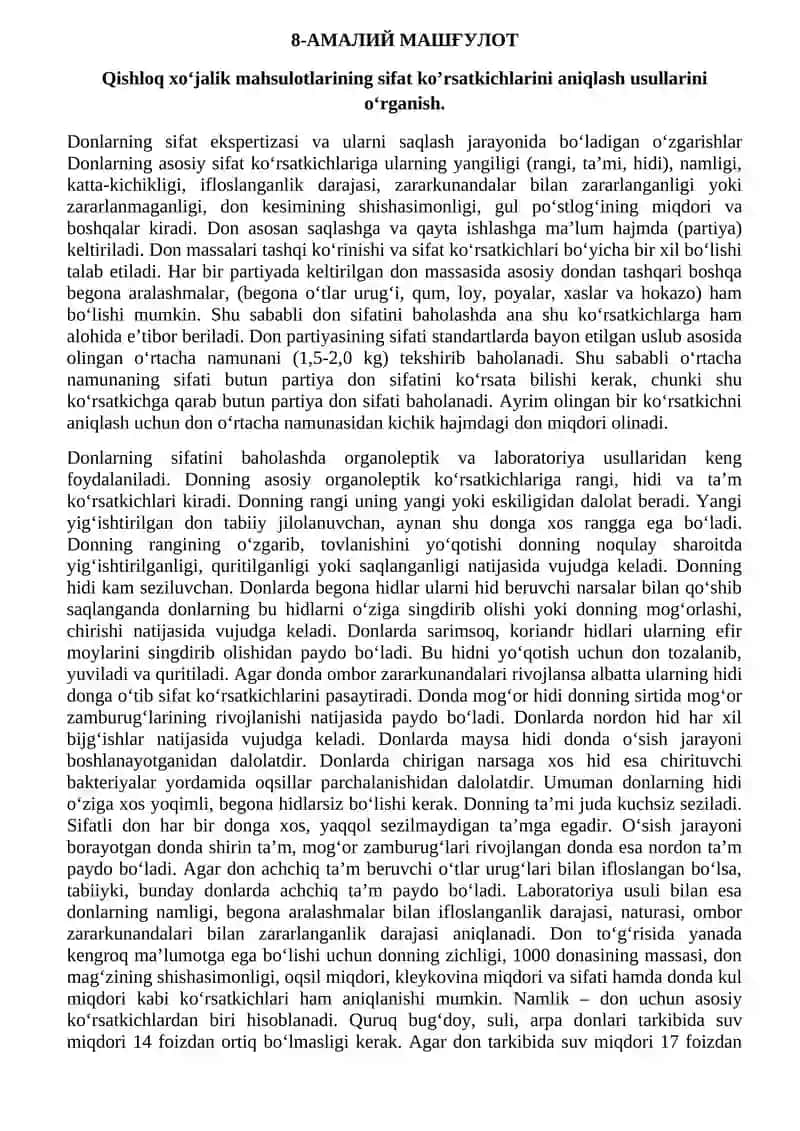 Qishloq xo‘jalik mahsulotlarining sifat ko’rsatkichlarini aniqlash usullarini o‘rganish