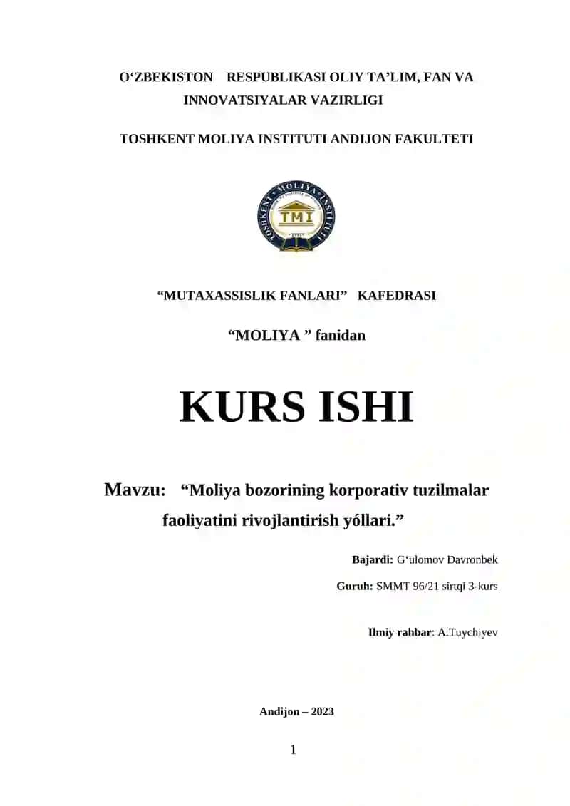 Moliya bozorining korporativ tuzilmalar faoliyatini rivojlantirish yóllari