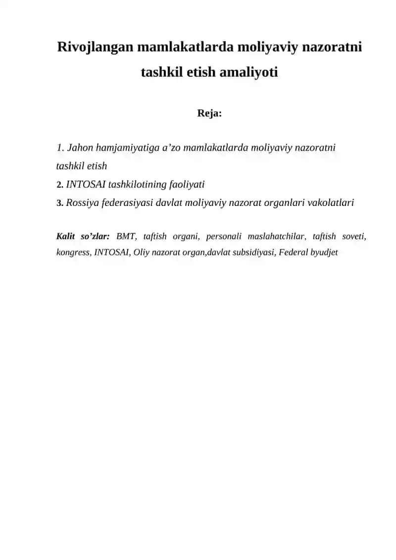 Moliyaviy nazoratni tashkil etish amaliyoti