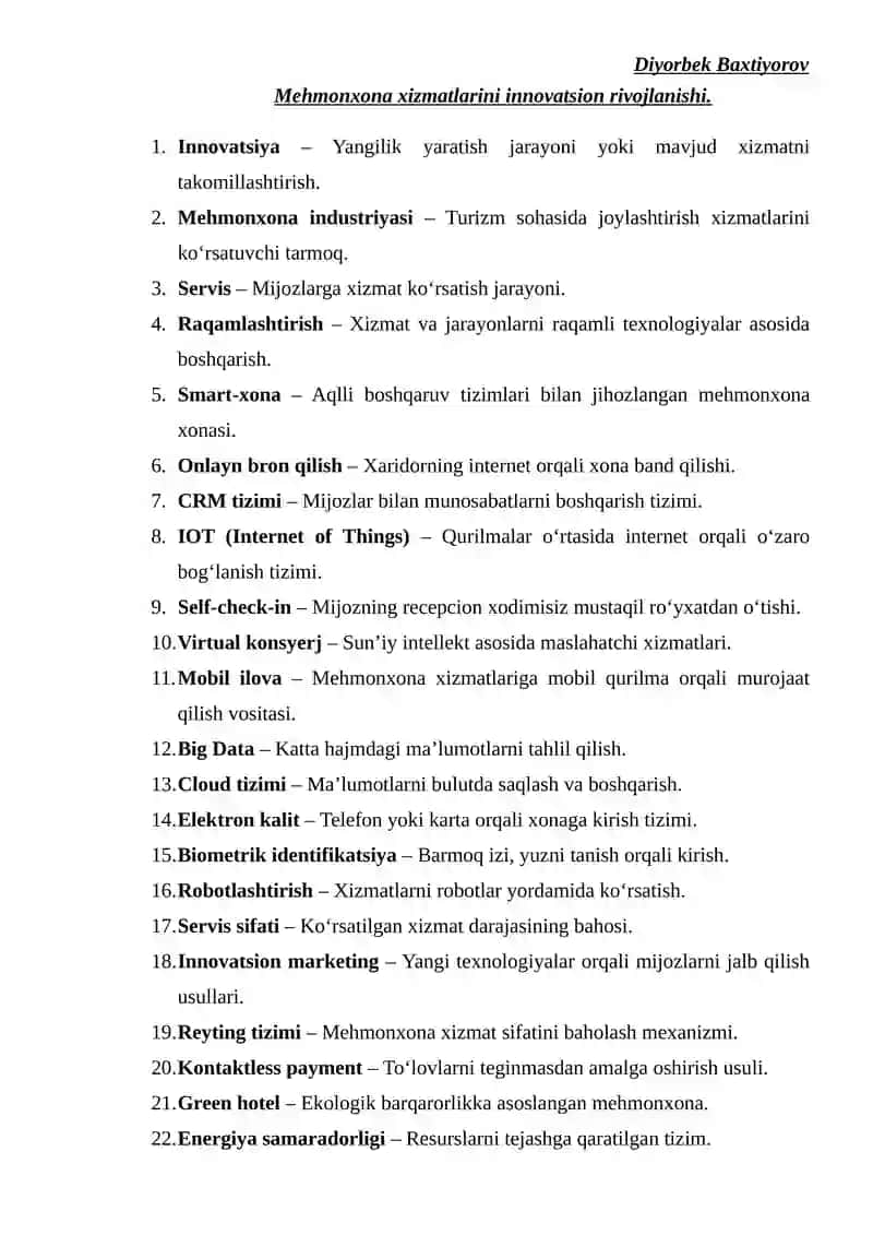 Mehmonxona xizmatlarini innovatsion rivojlanishi