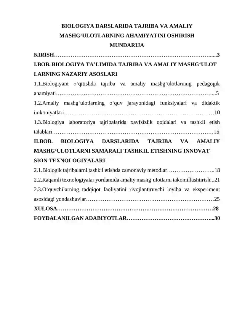 Biologiya fanini o‘qitish jarayonida tajriba va amaliy mashg‘ulotlarning roli