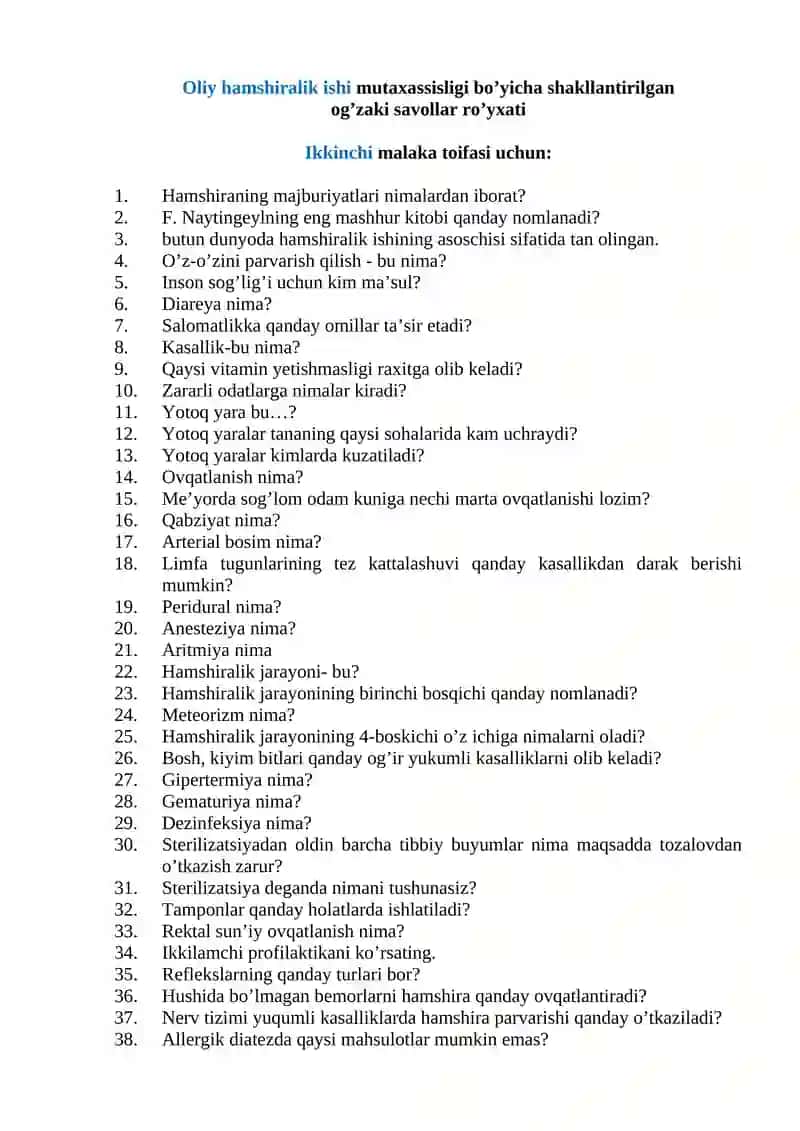 OLIY HAMSHIRALIK ISHI MUTAXASISILIGI BO'YICHA TEST
